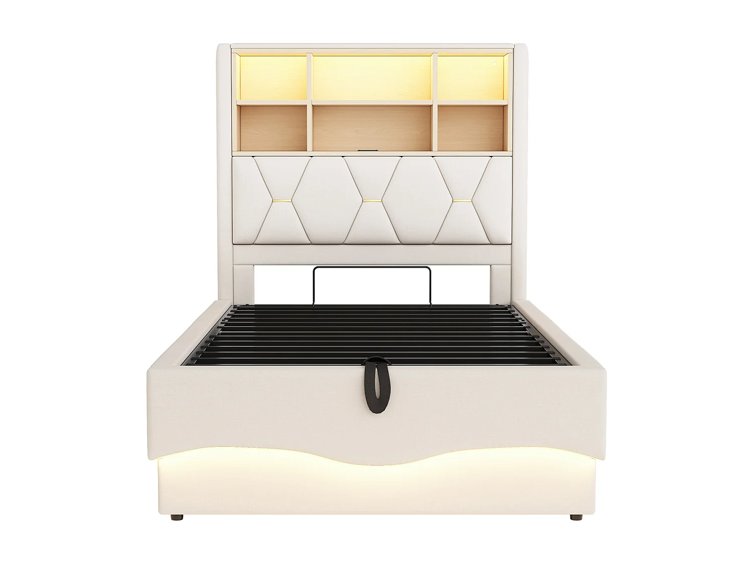 Letto contenitore 90x200 cm, lino beige, letto per bambini con luci a LED e porta USB, testiera contenitore - senza materasso