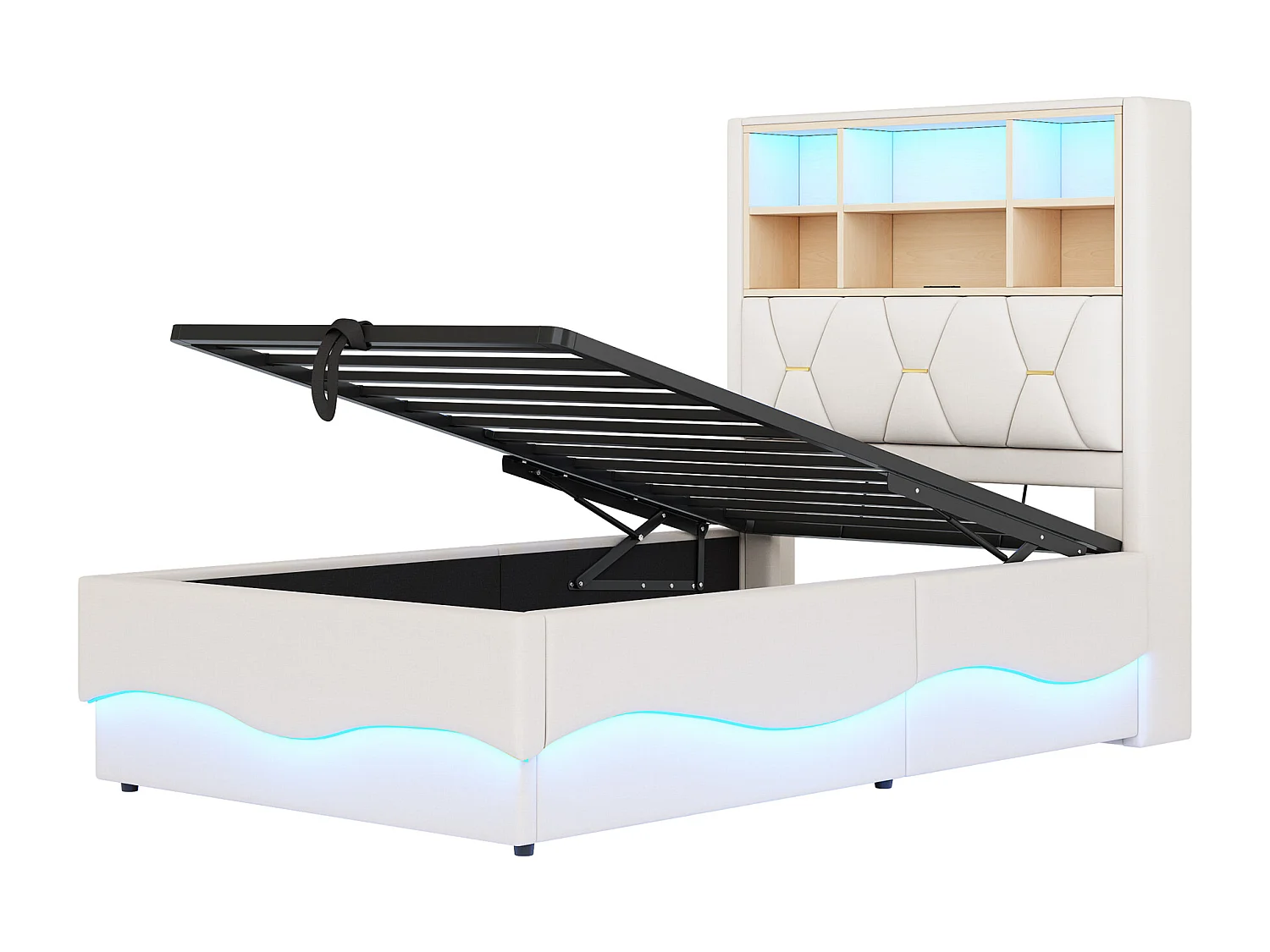 Letto contenitore 90x200 cm, lino beige, letto per bambini con luci a LED e porta USB, testiera contenitore - senza materasso