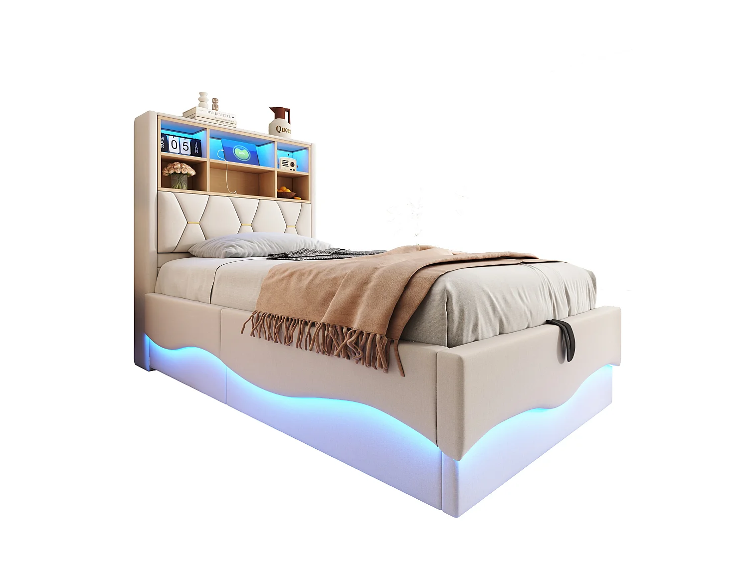Letto contenitore 90x200 cm, lino beige, letto per bambini con luci a LED e porta USB, testiera contenitore - senza materasso