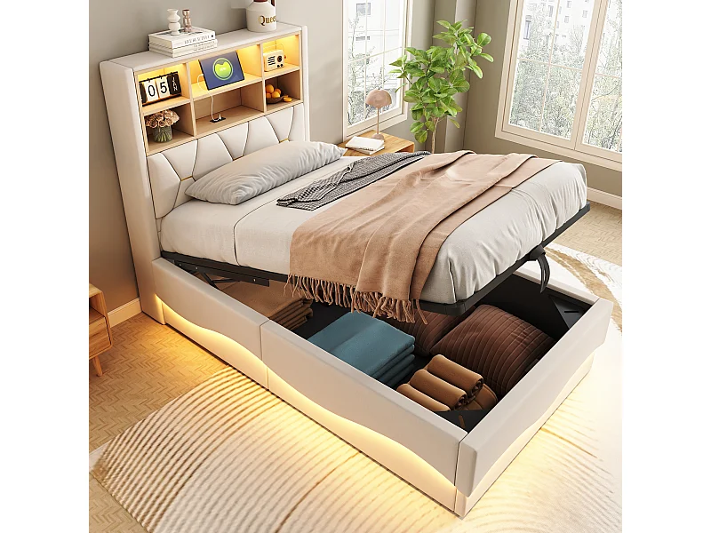 Letto contenitore 90x200 cm, lino beige, letto per bambini con luci a LED e porta USB, testiera contenitore - senza materasso