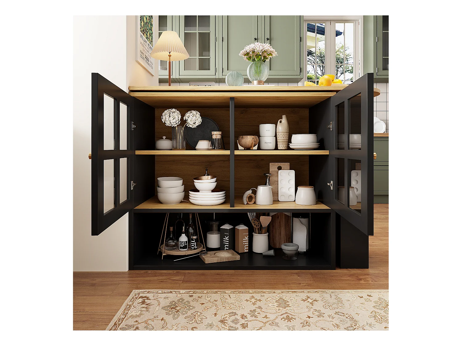 Buffet pivotant avec étagères et rangement ouvert, 2 portes, noir- pour chambre et salon