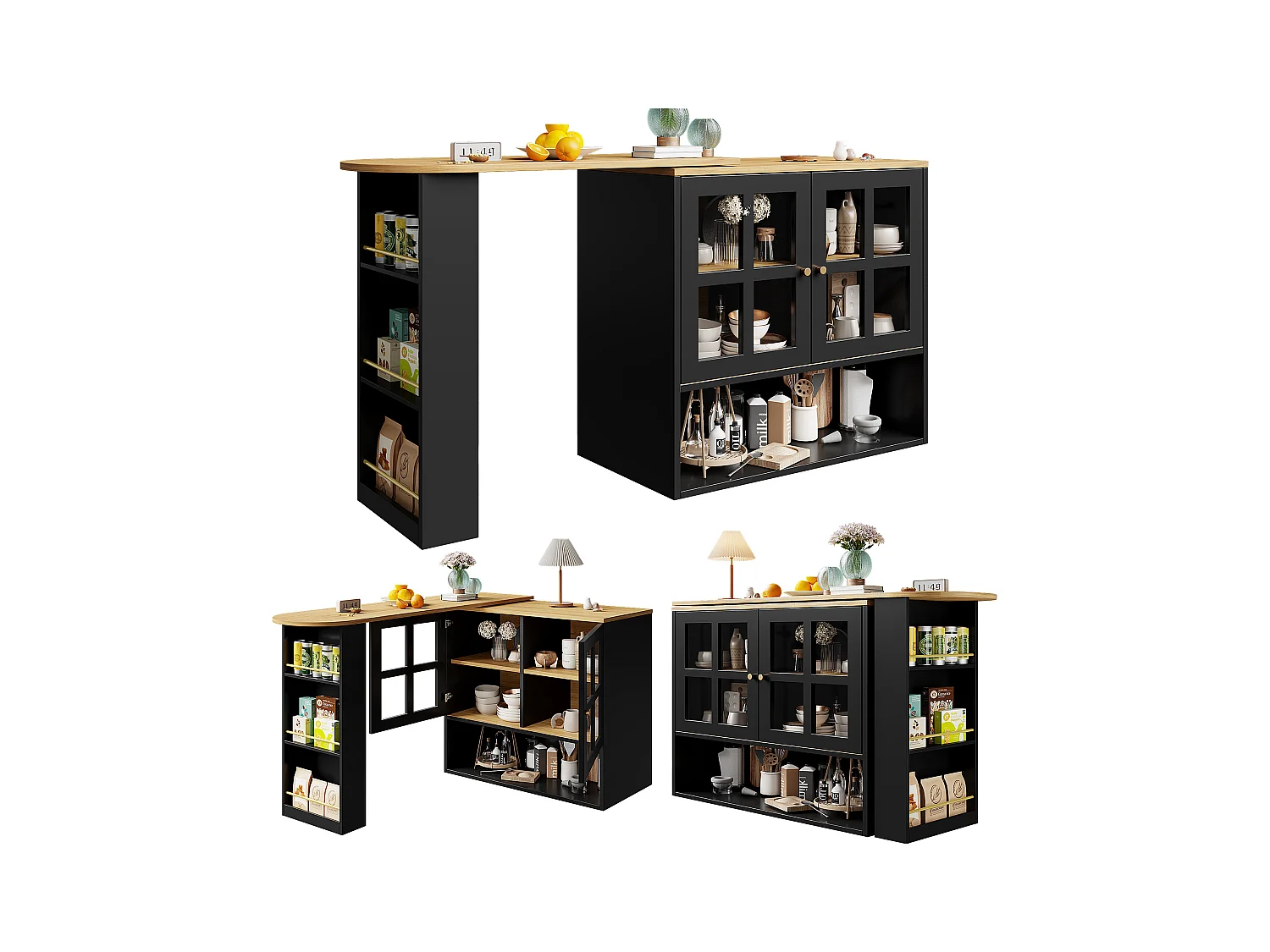 Buffet pivotant avec étagères et rangement ouvert, 2 portes, noir- pour chambre et salon