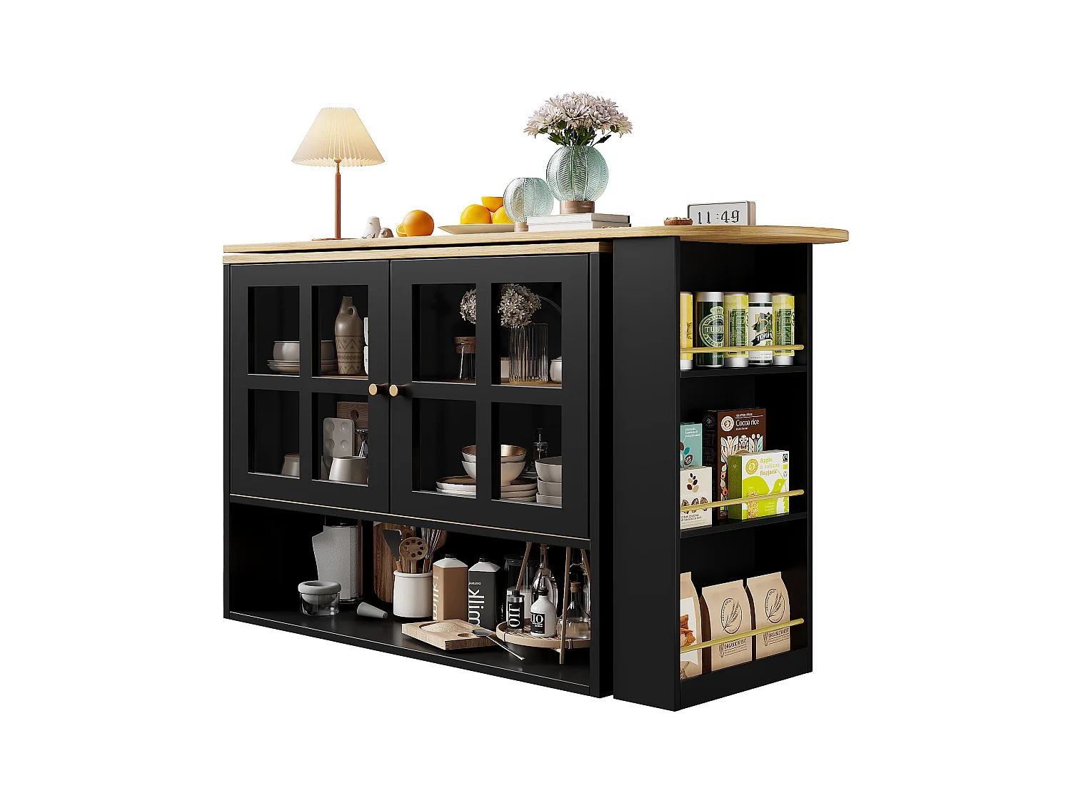 Buffet pivotant avec étagères et rangement ouvert, 2 portes, noir- pour chambre et salon