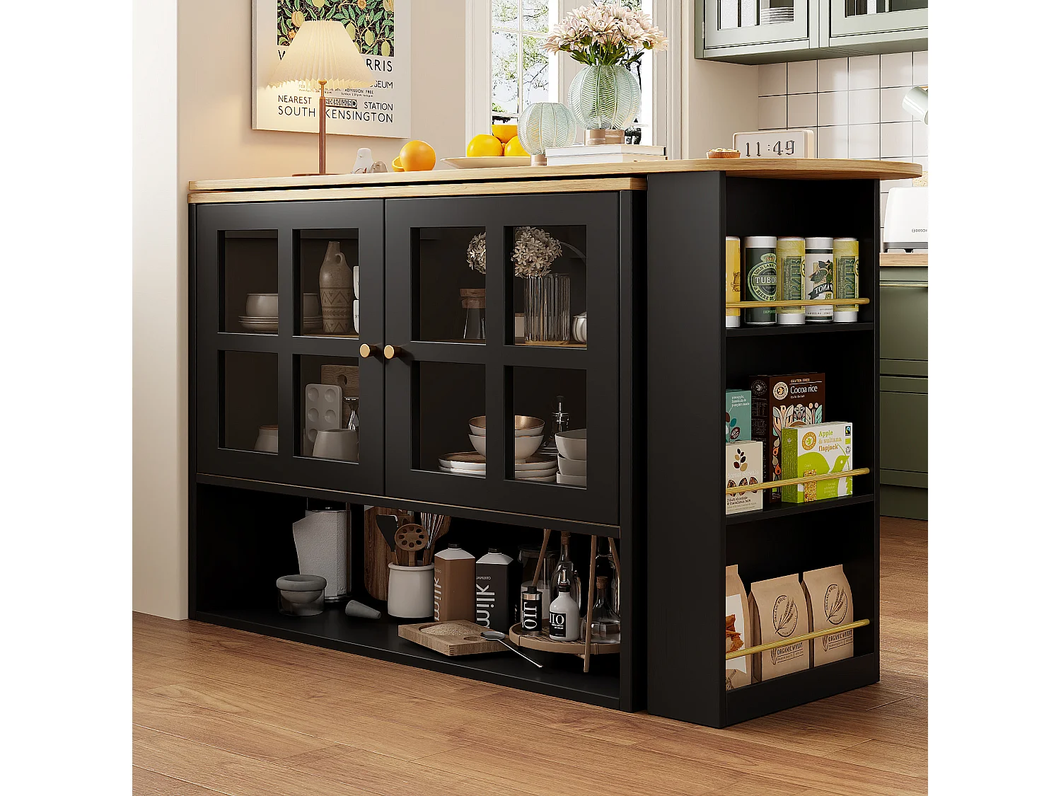 Buffet pivotant avec étagères et rangement ouvert, 2 portes, noir- pour chambre et salon