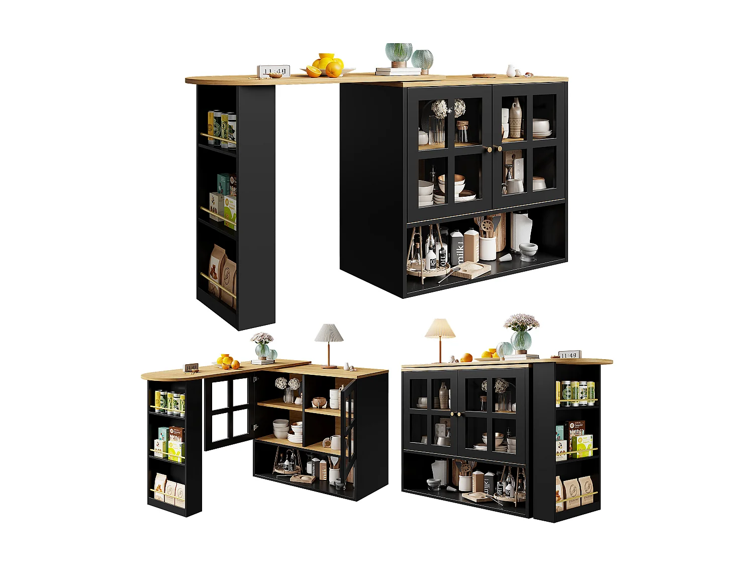 Buffet pivotant avec étagères et rangement ouvert, 2 portes, noir- pour chambre et salon