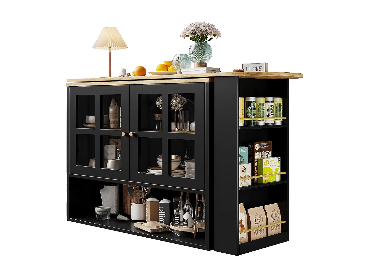 Buffet pivotant avec étagères et rangement ouvert, 2 portes, noir- pour chambre et salon