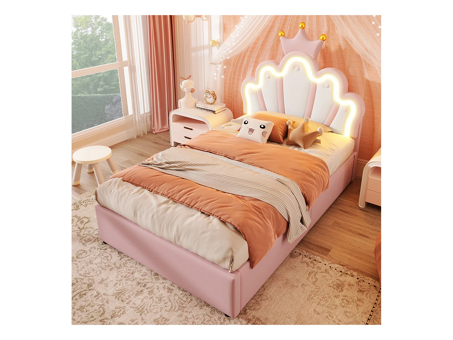 Lit enfant coffre 90x200 cm avec tête de lit réglable et éclairage LED, en similicuir Rose – sans matelas