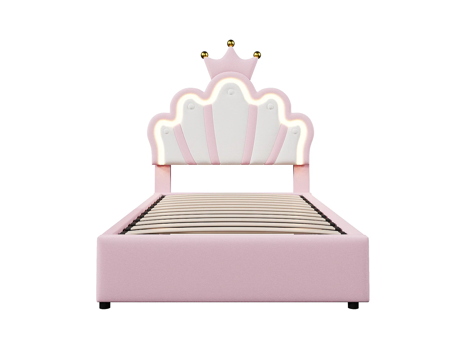 Lit enfant coffre 90x200 cm avec tête de lit réglable et éclairage LED, en similicuir Rose – sans matelas