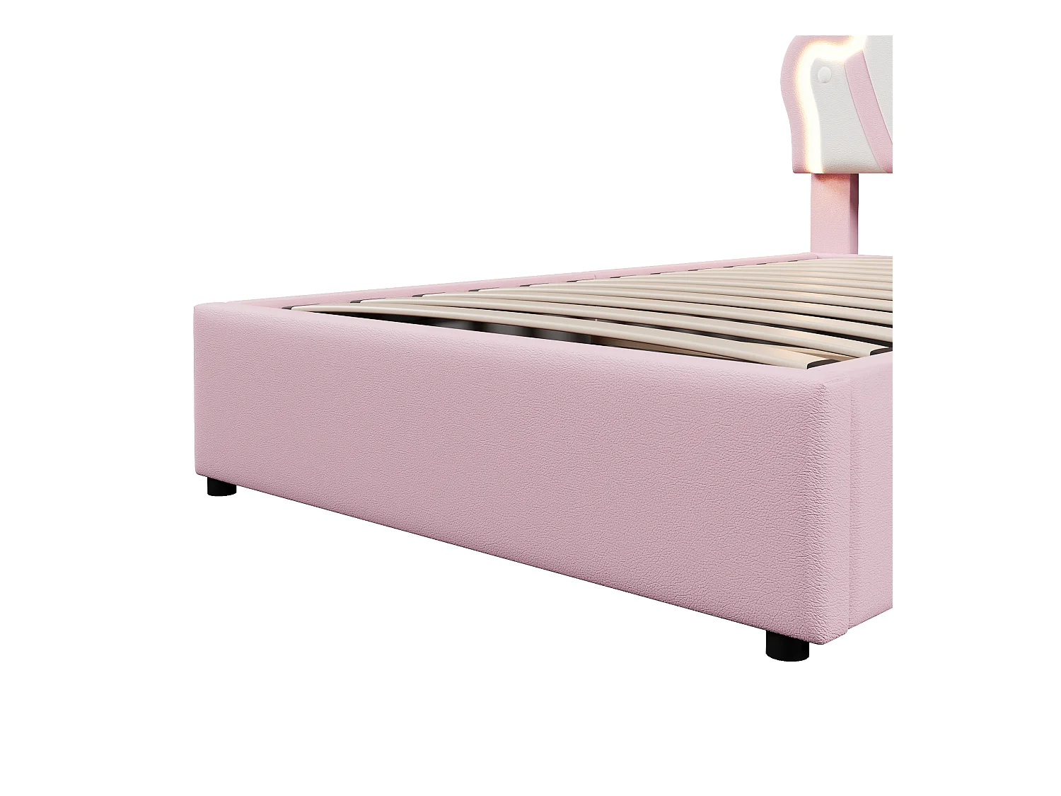 Lit enfant coffre 90x200 cm avec tête de lit réglable et éclairage LED, en similicuir Rose – sans matelas