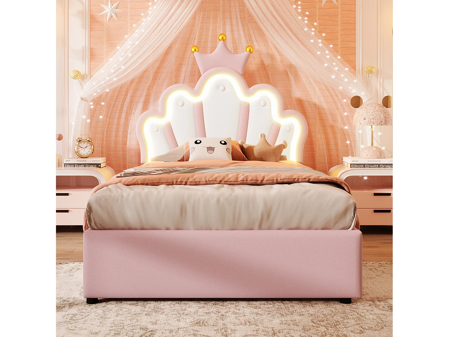 Lit enfant coffre 90x200 cm avec tête de lit réglable et éclairage LED, en similicuir Rose – sans matelas