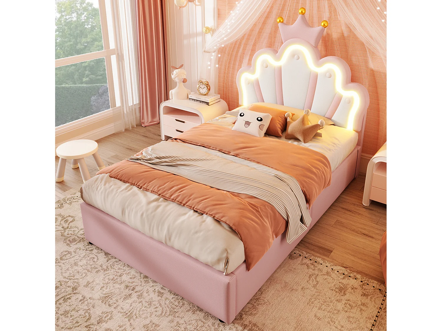 Lit enfant coffre 90x200 cm avec tête de lit réglable et éclairage LED, en similicuir Rose – sans matelas