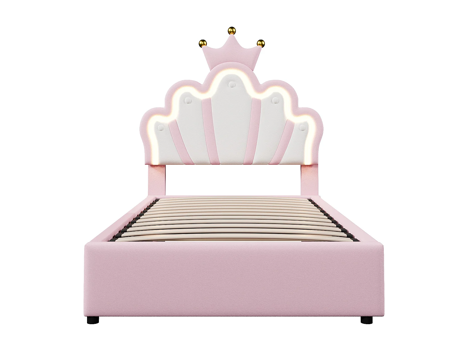 Lit enfant coffre 90x200 cm avec tête de lit réglable et éclairage LED, en similicuir Rose – sans matelas
