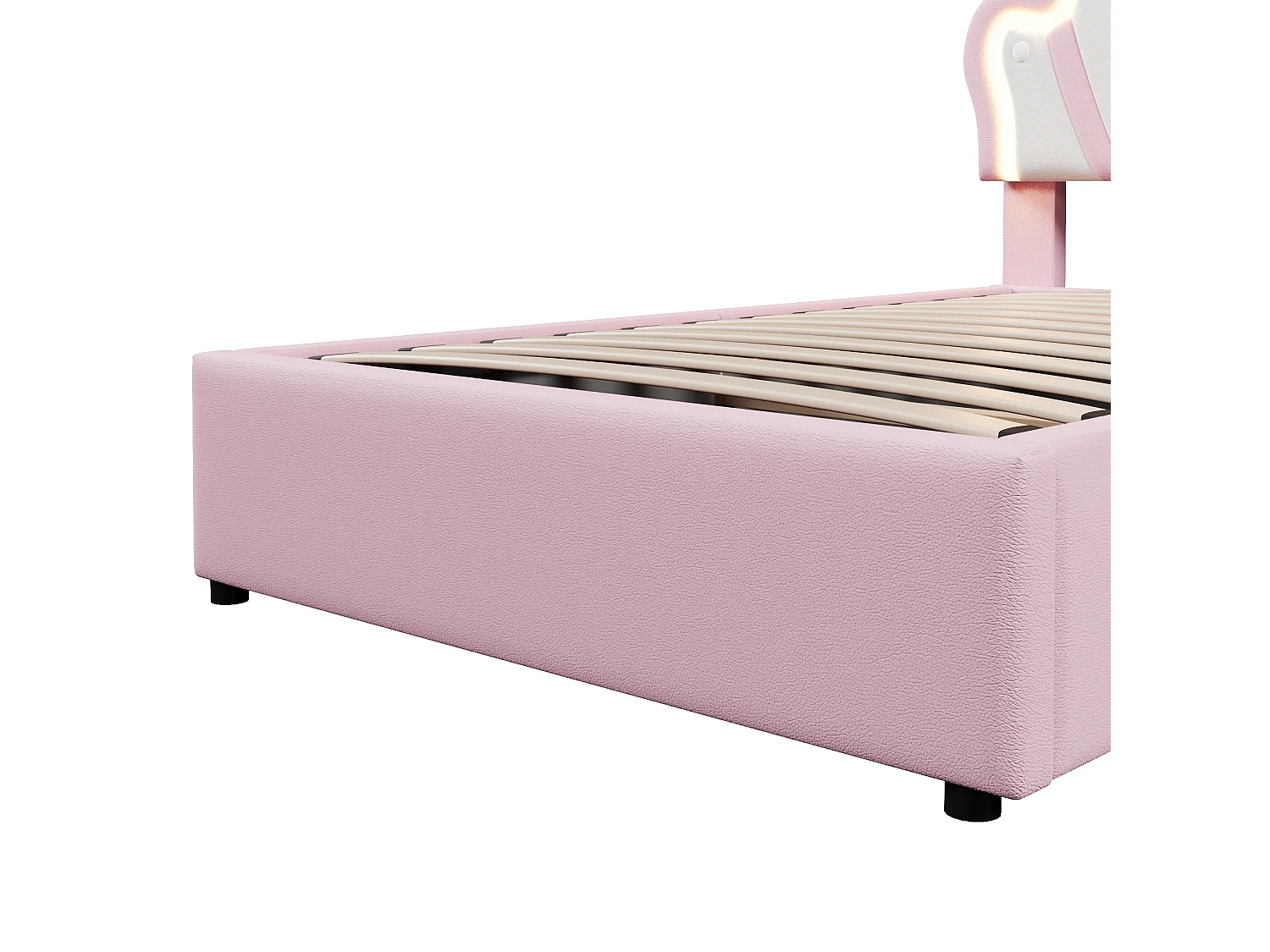 Lit enfant coffre 90x200 cm avec tête de lit réglable et éclairage LED, en similicuir Rose – sans matelas