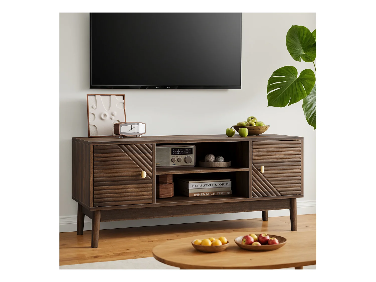 Meuble TV 110 cm avec 2 portes et rangement ouvert, noyer - pour salons et chambres