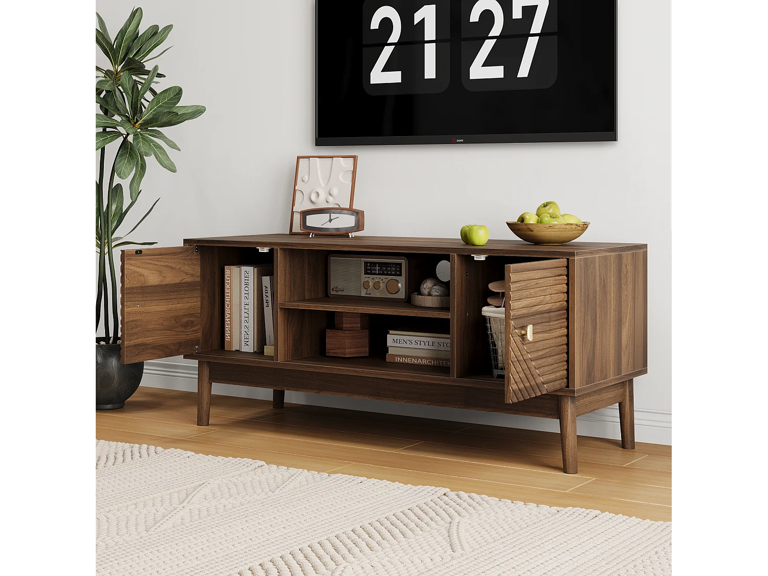 Meuble TV 110 cm avec 2 portes et rangement ouvert, noyer - pour salons et chambres