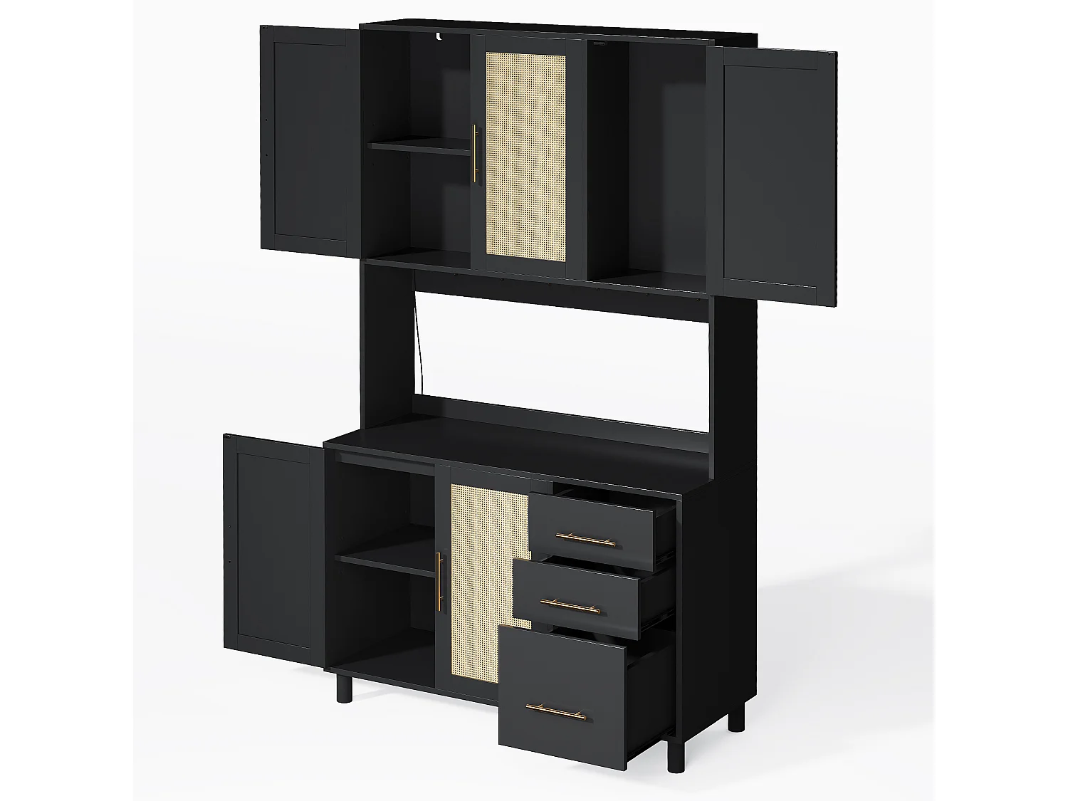 183 cm keukendressoir met ledverlichting, USB-aansluitingen, verstelbare planken en 3 lades - zwart