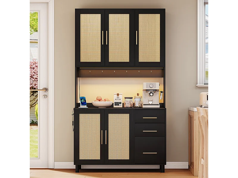 Buffet haut 183 cm avec LED, prises USB, étagères réglables et 3 tiroirs - noir