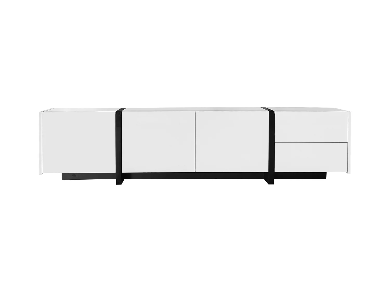 Meuble TV blanc avec 4 portes et 1 tiroir de rangement, éclairage LED - pieds noirs