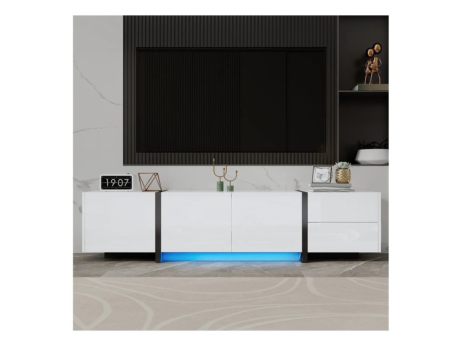 Meuble TV blanc avec 4 portes et 1 tiroir de rangement, éclairage LED - pieds noirs