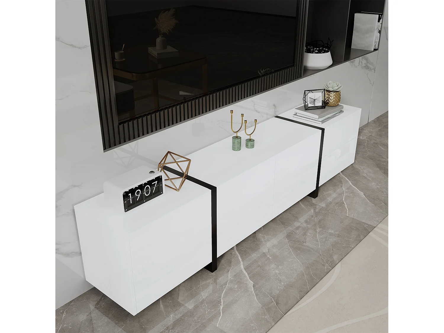 Meuble TV blanc avec 4 portes et 1 tiroir de rangement, éclairage LED - pieds noirs