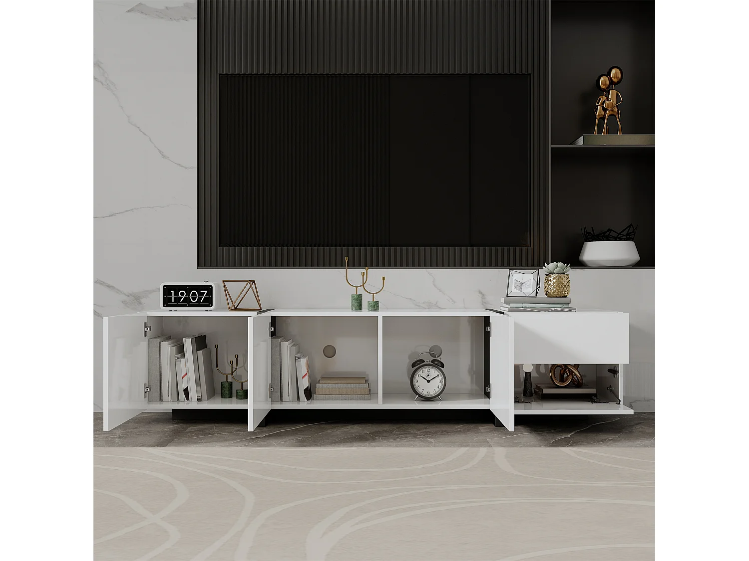 Meuble TV blanc avec 4 portes et 1 tiroir de rangement, éclairage LED - pieds noirs