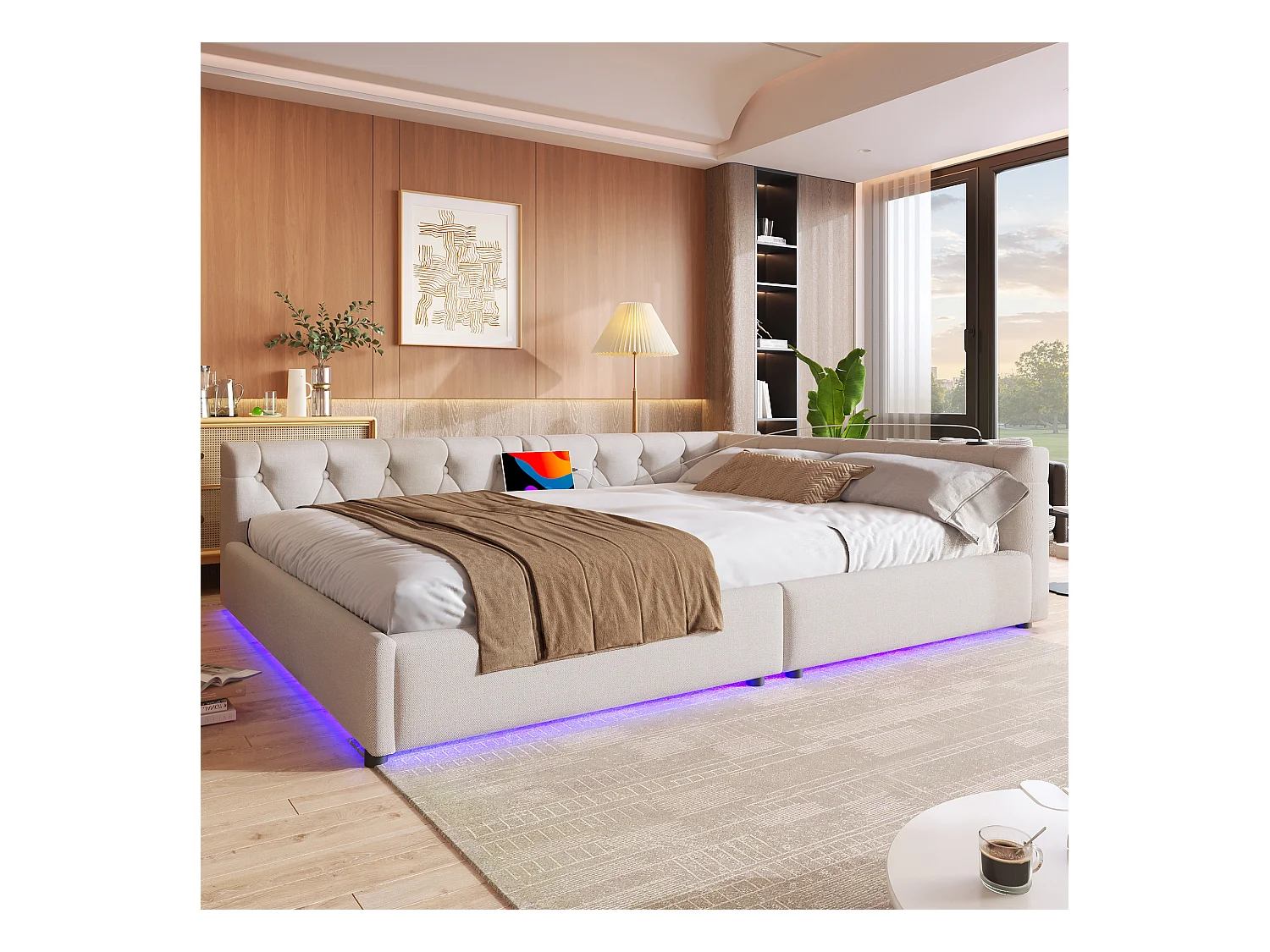 Lit banquette 140x200 cm, lin beige, lit adulte avec LED et ports USB, sommier à lattes - sans matelas