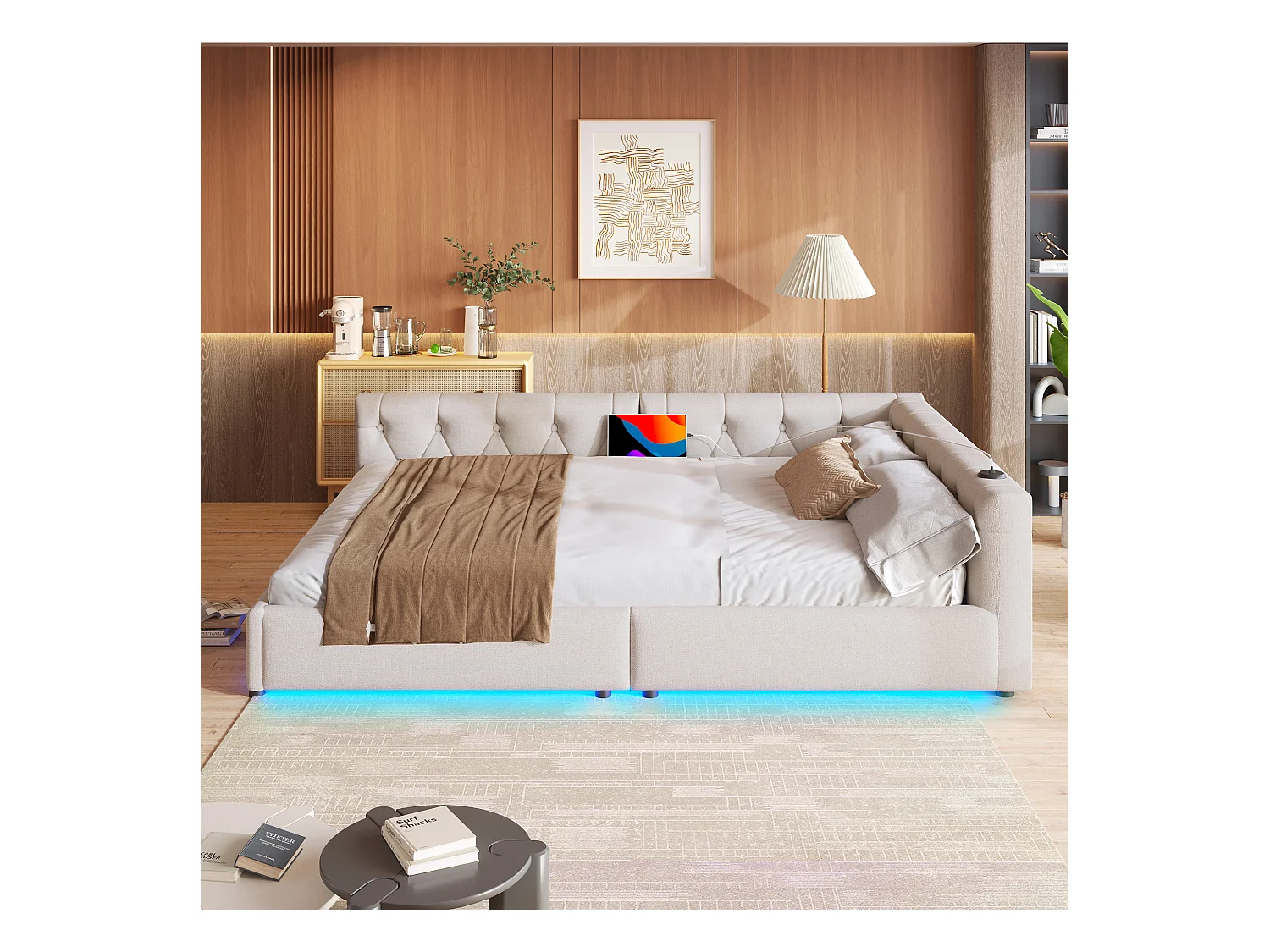 Lit banquette 140x200 cm, lin beige, lit adulte avec LED et ports USB, sommier à lattes - sans matelas