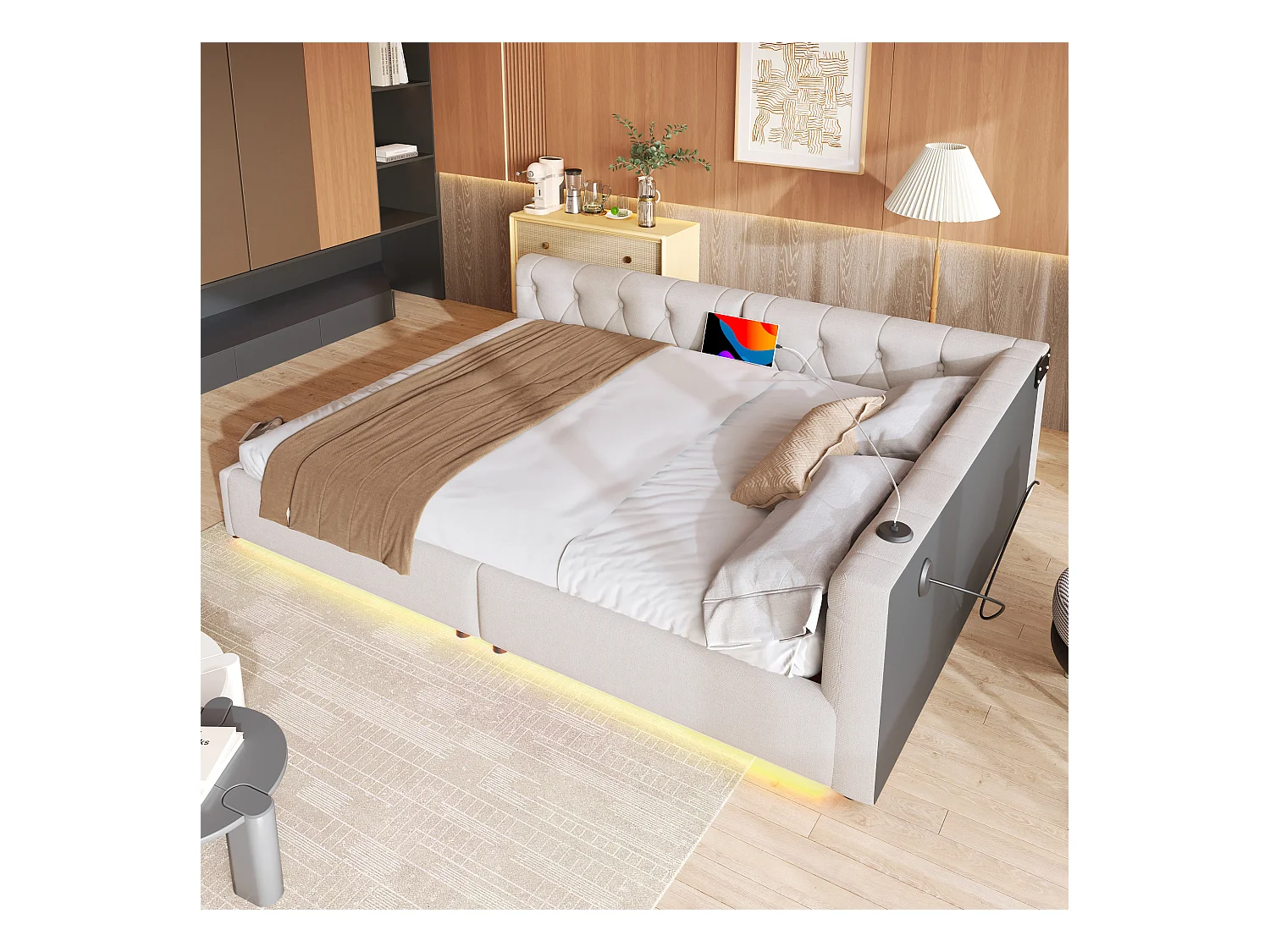 Lit banquette 140x200 cm, lin beige, lit adulte avec LED et ports USB, sommier à lattes - sans matelas