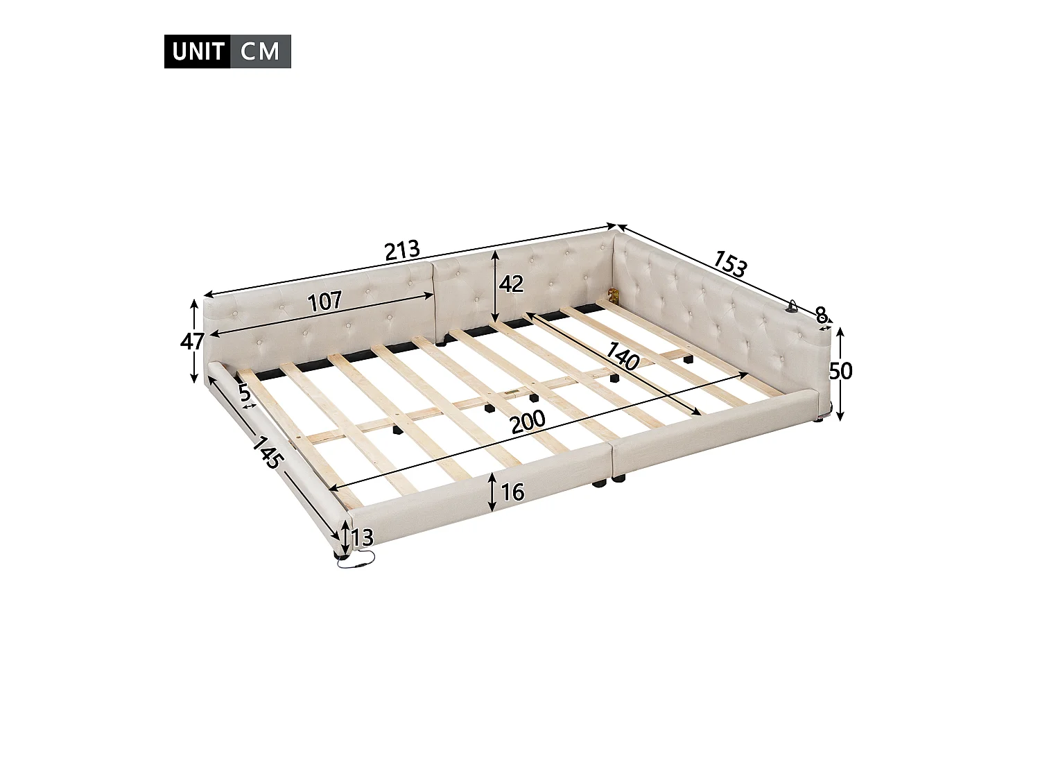 Lit banquette 140x200 cm, lin beige, lit adulte avec LED et ports USB, sommier à lattes - sans matelas