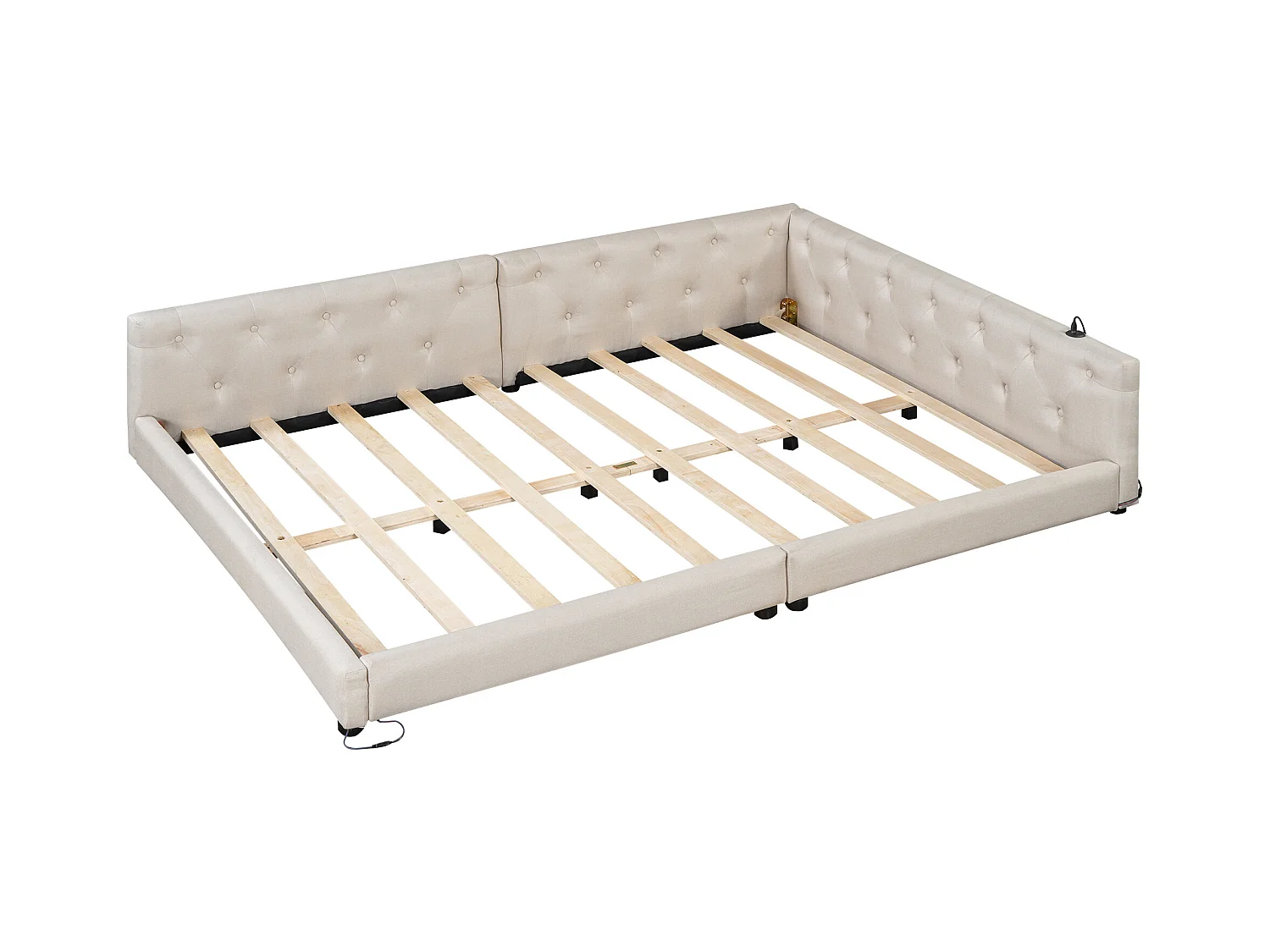 Lit banquette 140x200 cm, lin beige, lit adulte avec LED et ports USB, sommier à lattes - sans matelas