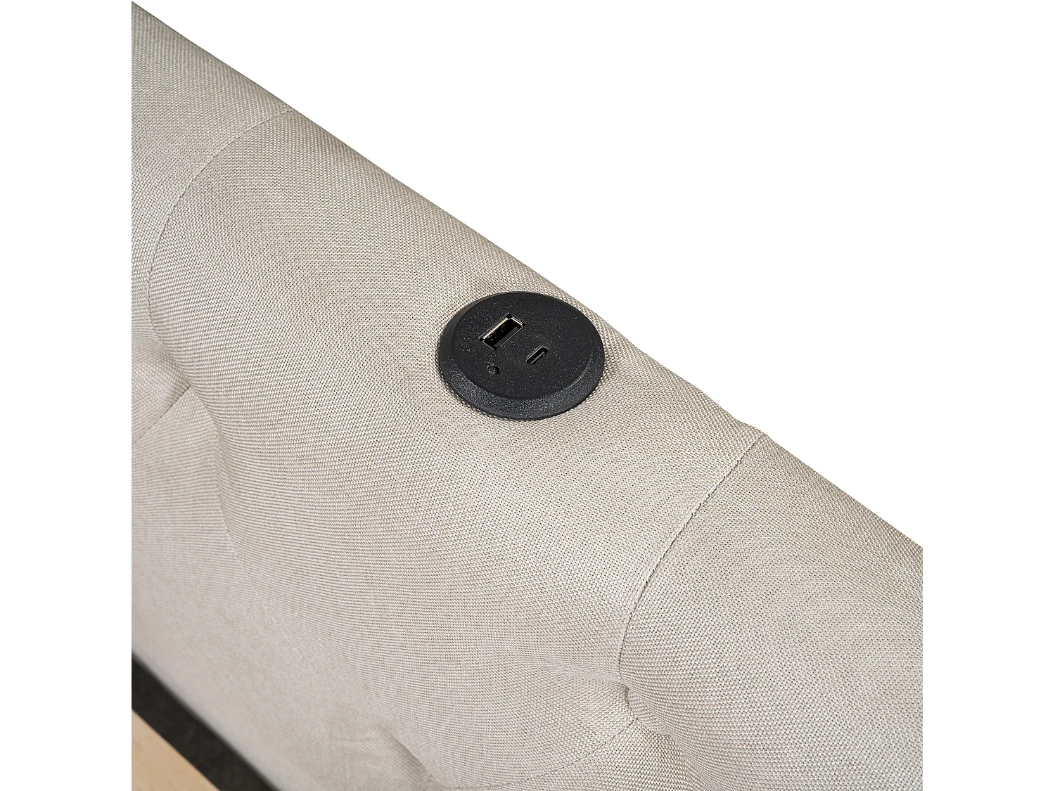 Lit banquette 140x200 cm, lin beige, lit adulte avec LED et ports USB, sommier à lattes - sans matelas