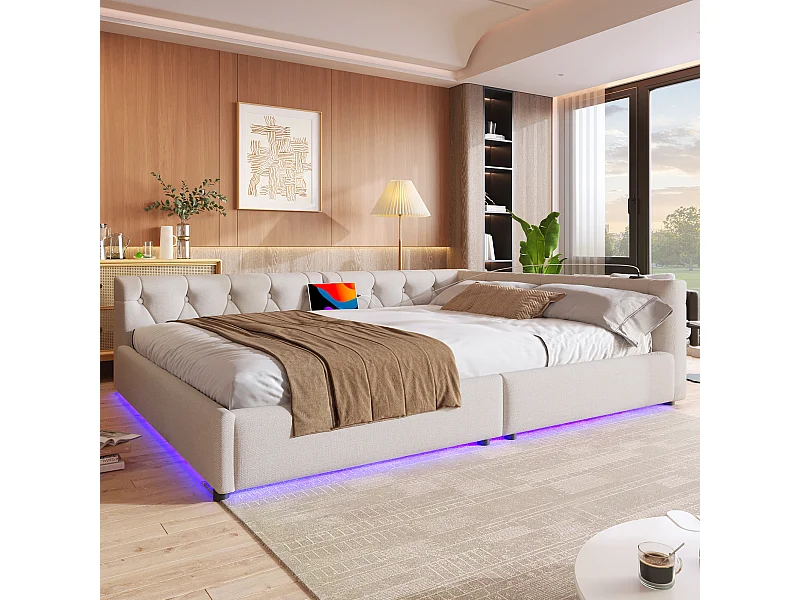 Lit banquette 140x200 cm, lin beige, lit adulte avec LED et ports USB, sommier à lattes - sans matelas
