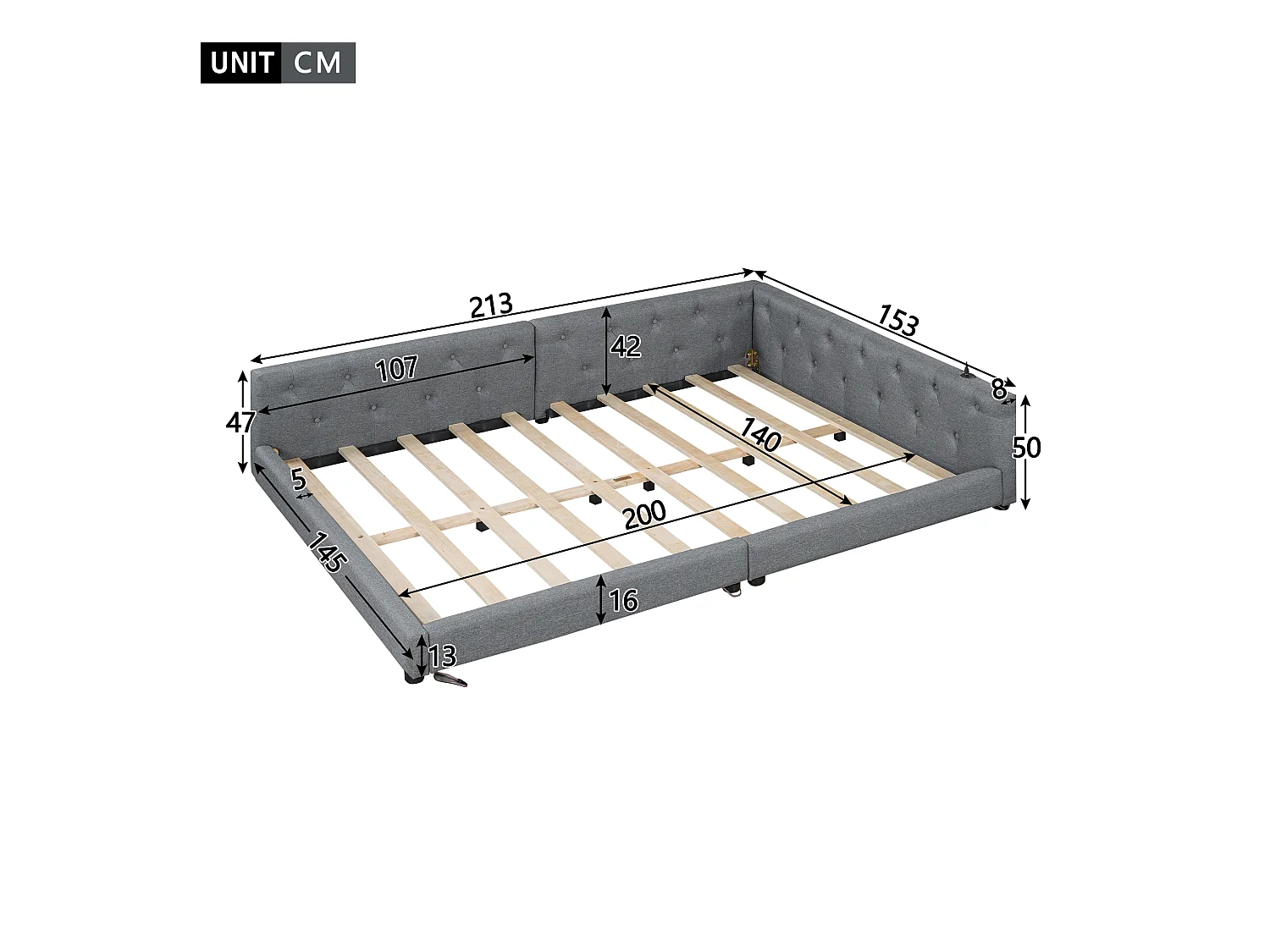 Lit banquette 140x200 cm, lin gris, lit adulte avec LED et ports USB, sommier à lattes - sans matelas
