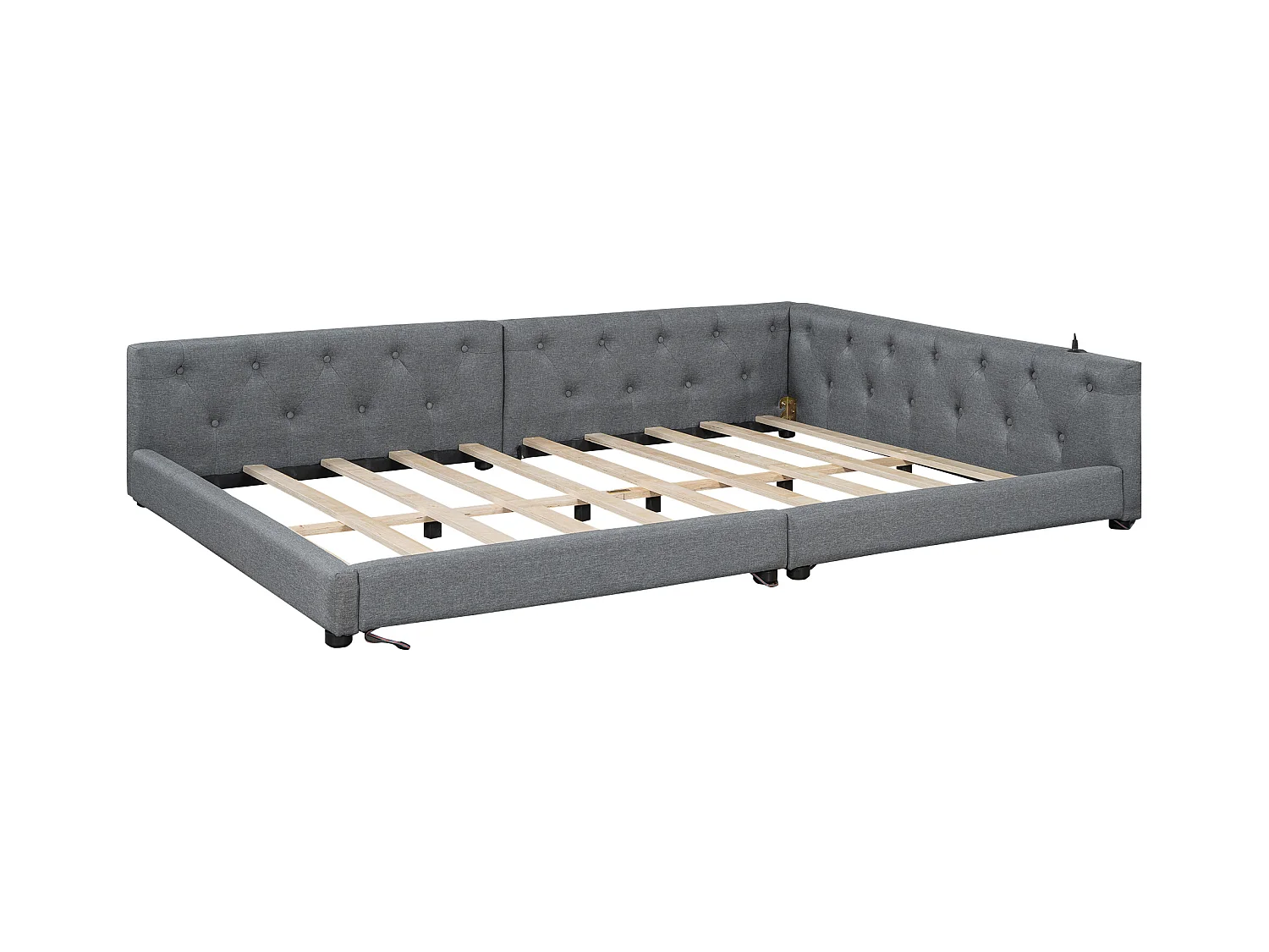 Lit banquette 140x200 cm, lin gris, lit adulte avec LED et ports USB, sommier à lattes - sans matelas