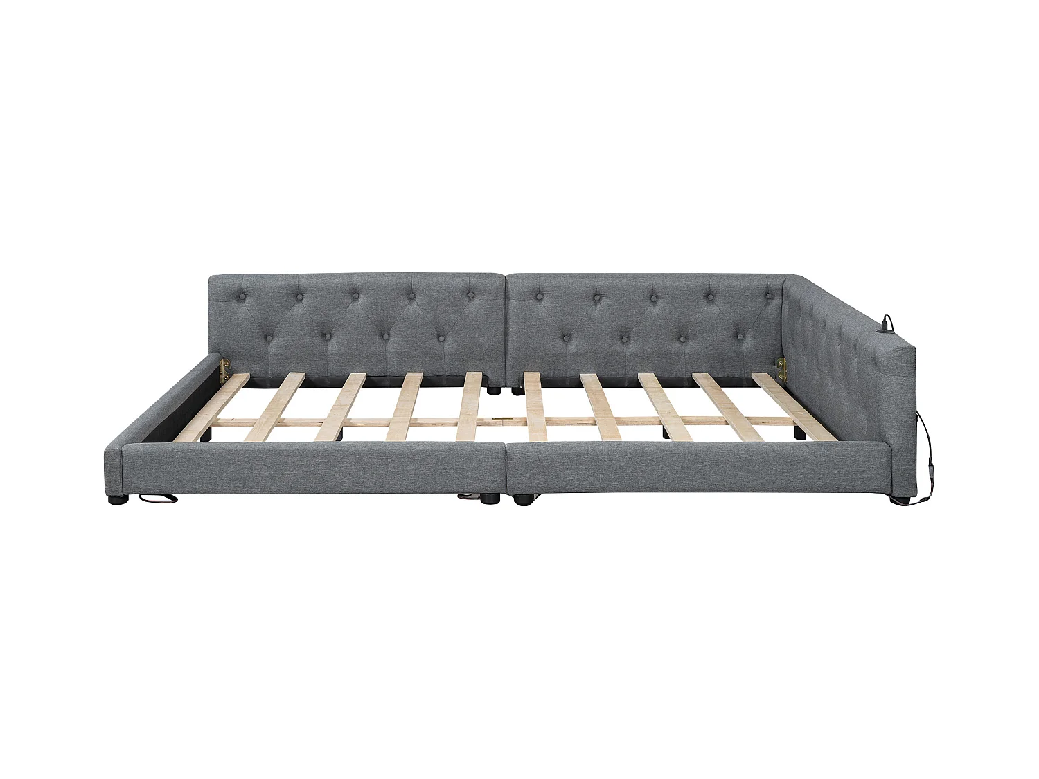 Lit banquette 140x200 cm, lin gris, lit adulte avec LED et ports USB, sommier à lattes - sans matelas