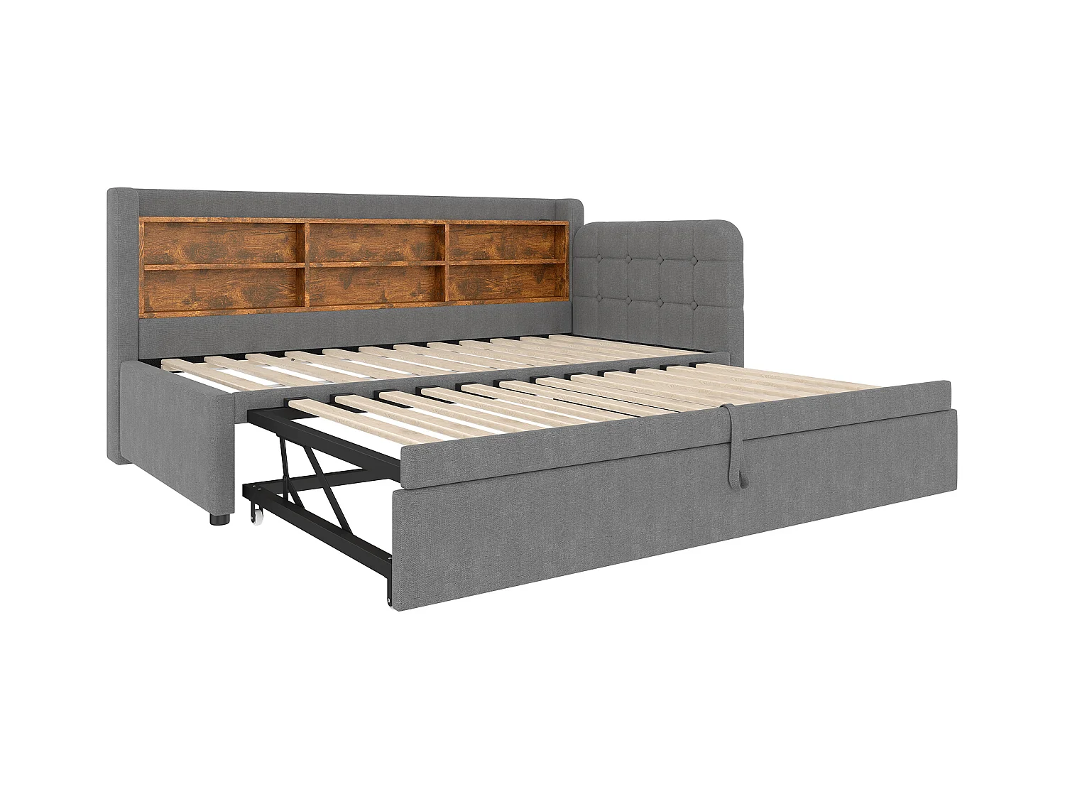 Lit banquette 90/180x200 cm, lin gris, lit gigogne avec rangement de rangement et port USB - sans matelas