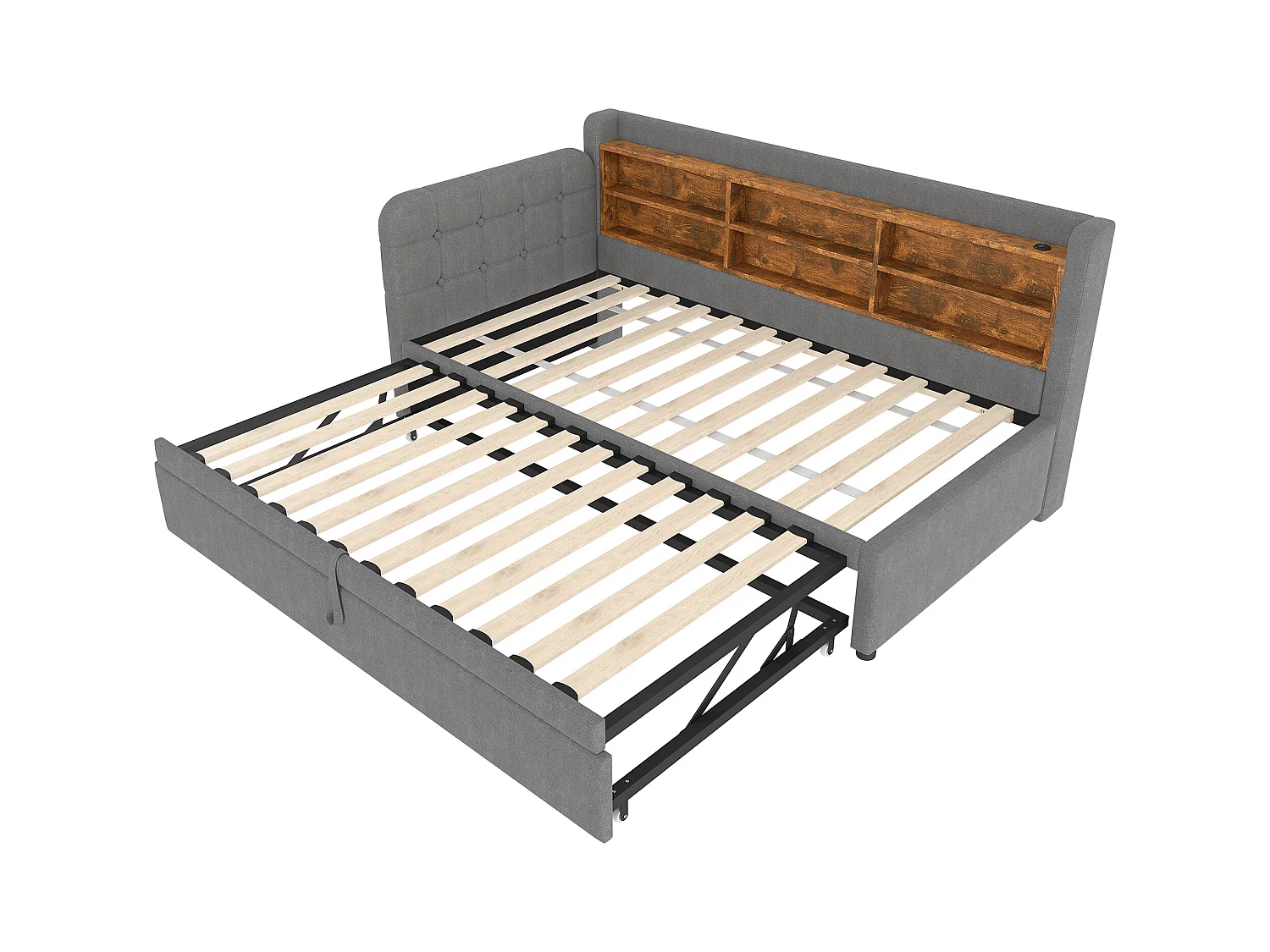 Lit banquette 90/180x200 cm, lin gris, lit gigogne avec rangement de rangement et port USB - sans matelas