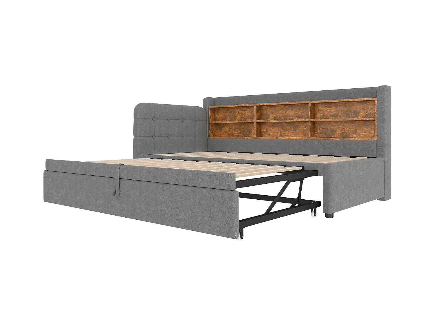 Lit banquette 90/180x200 cm, lin gris, lit gigogne avec rangement de rangement et port USB - sans matelas