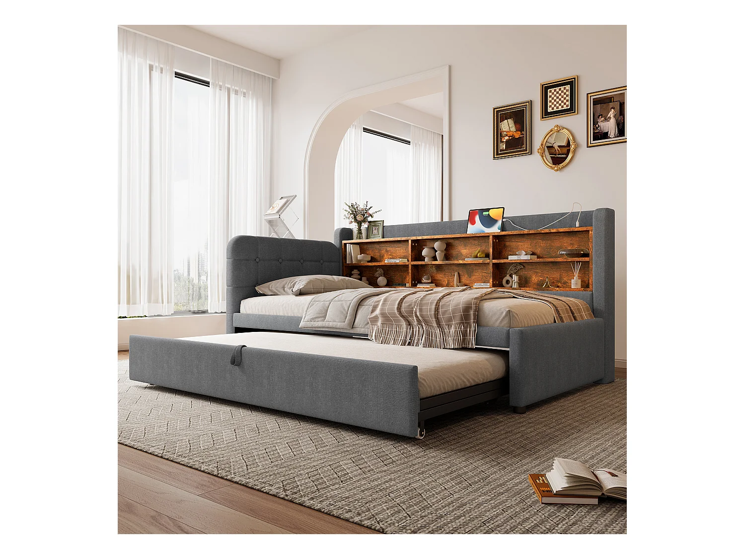Lit banquette 90/180x200 cm, lin gris, lit gigogne avec rangement de rangement et port USB - sans matelas