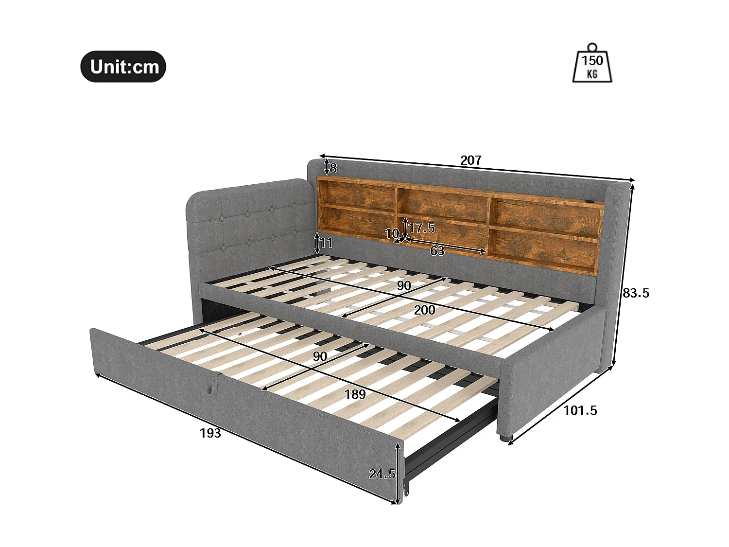 Slaapbank 90/180x200 cm, linnengrijs, uitschuifbaar bed met opbergruimte en USB-aansluiting - zonder matras