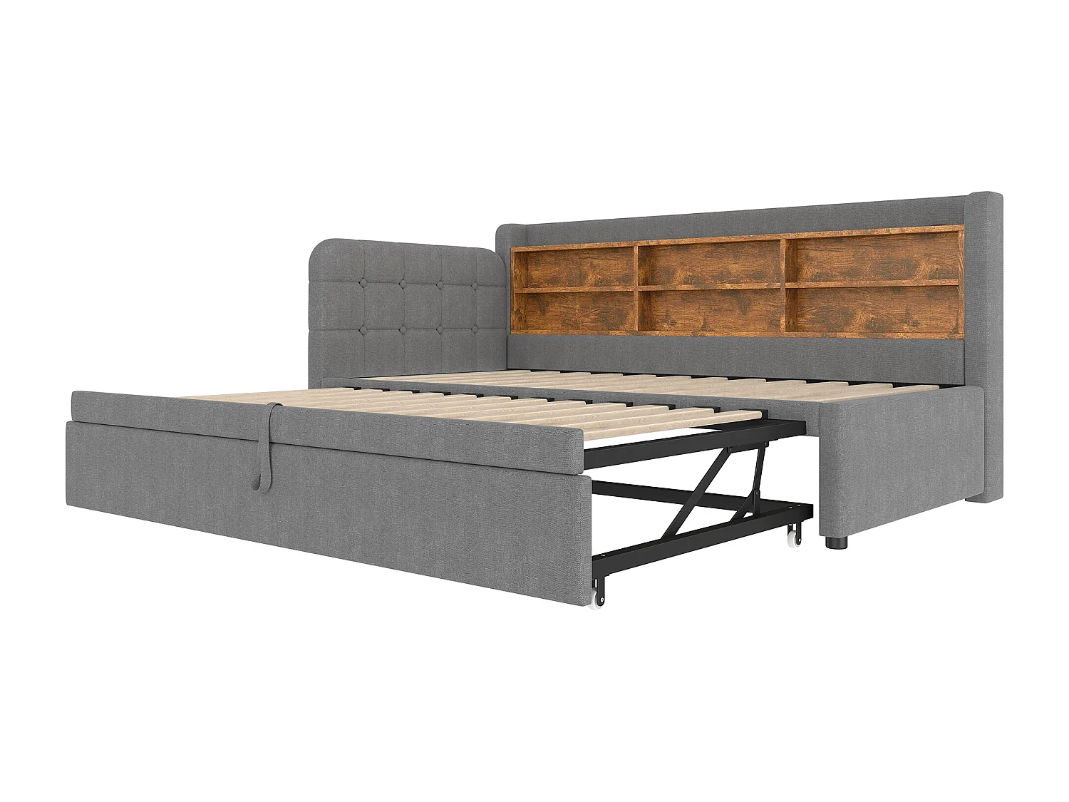 Slaapbank 90/180x200 cm, linnengrijs, uitschuifbaar bed met opbergruimte en USB-aansluiting - zonder matras