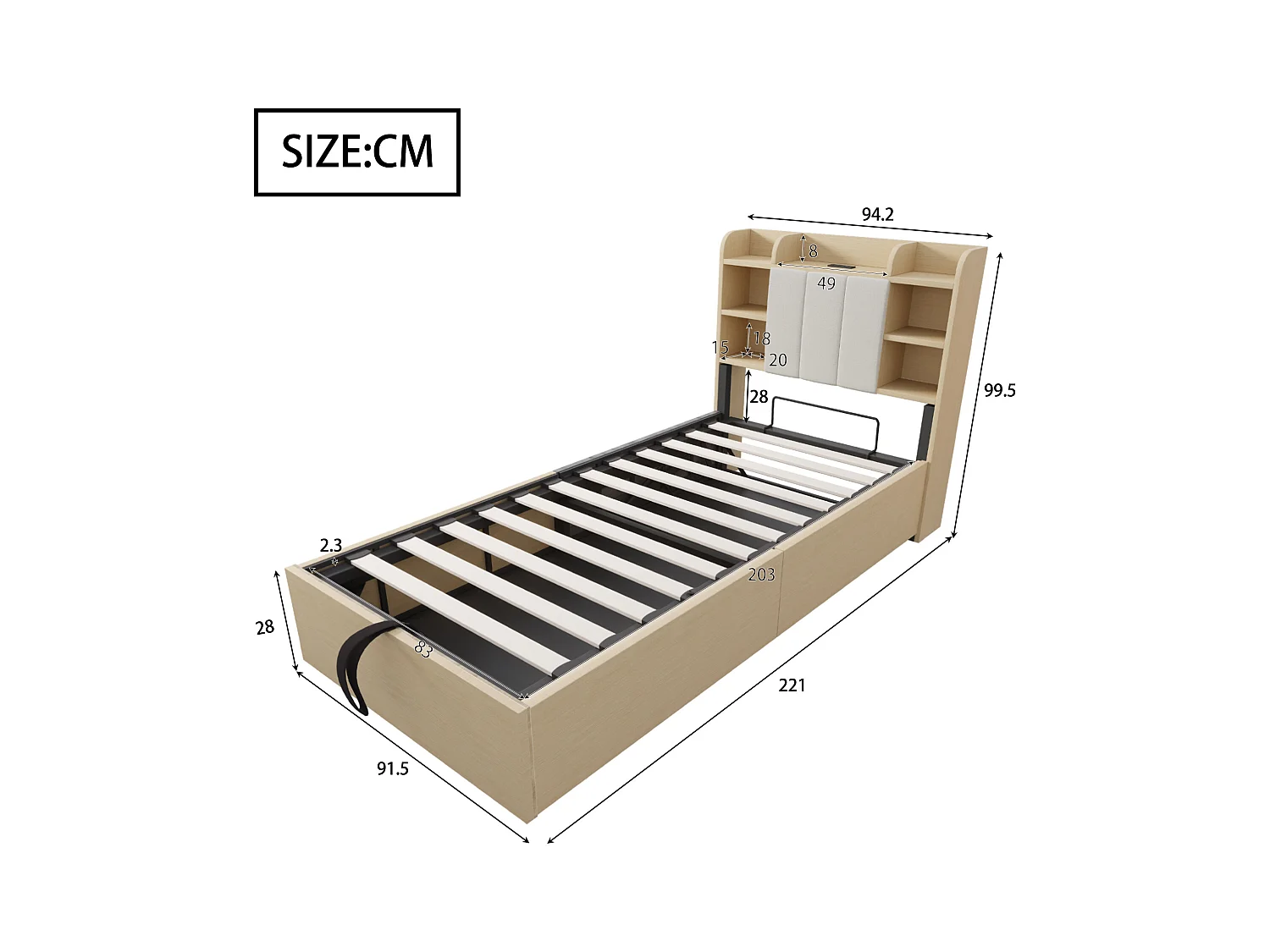 Lit coffre 90 x 200 cm, tête de lit avec rangement et port USB, bois naturel - sans matelas