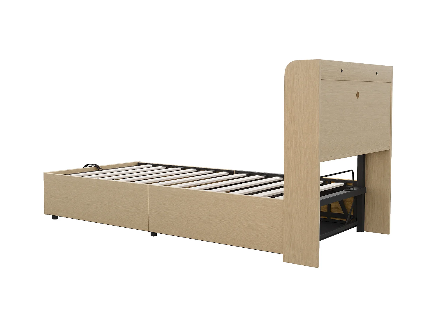 Lit coffre 90 x 200 cm, tête de lit avec rangement et port USB, bois naturel - sans matelas