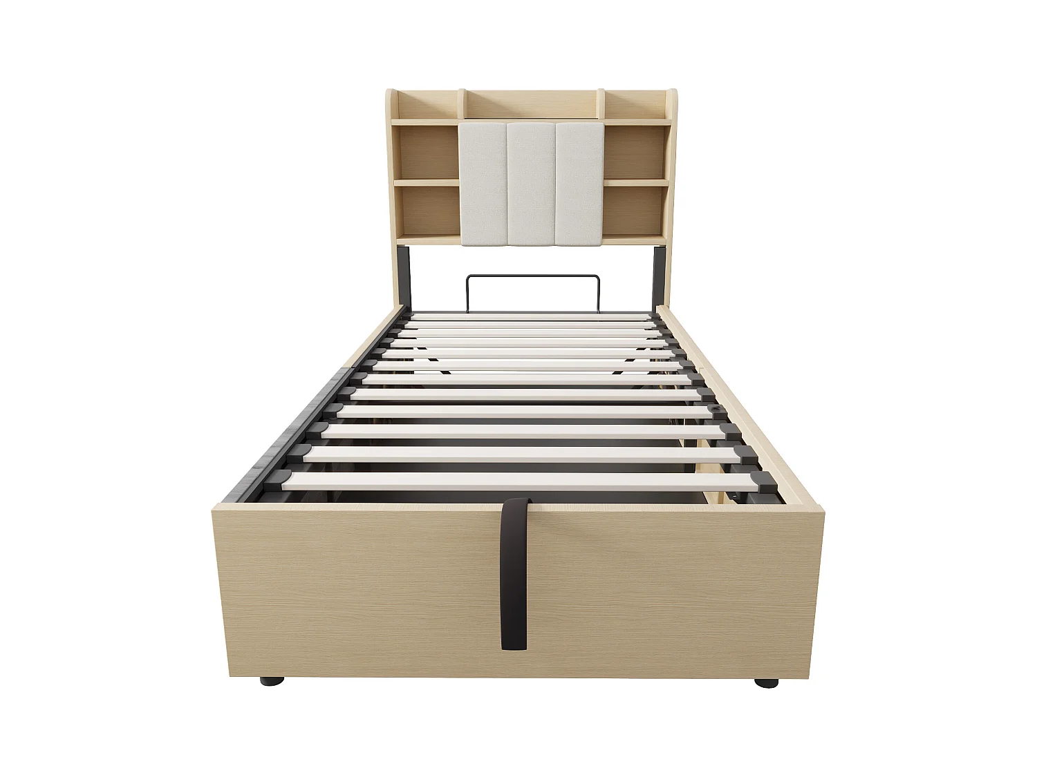 Lit coffre 90 x 200 cm, tête de lit avec rangement et port USB, bois naturel - sans matelas