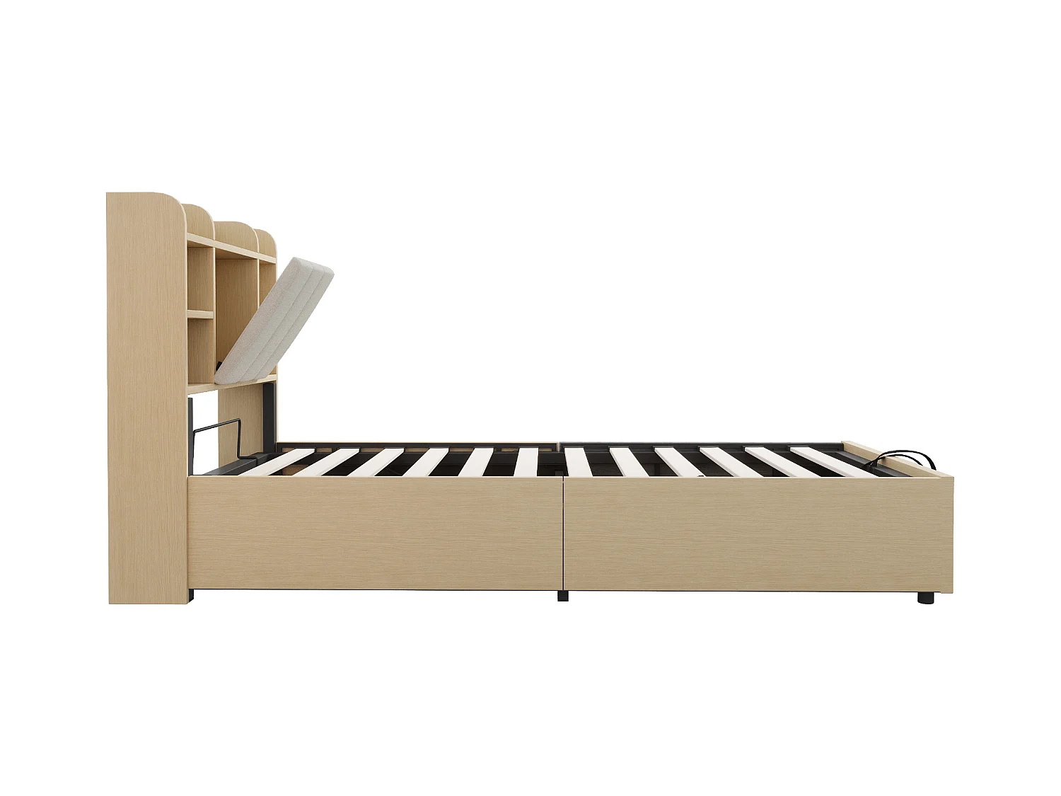 Lit coffre 90 x 200 cm, tête de lit avec rangement et port USB, bois naturel - sans matelas