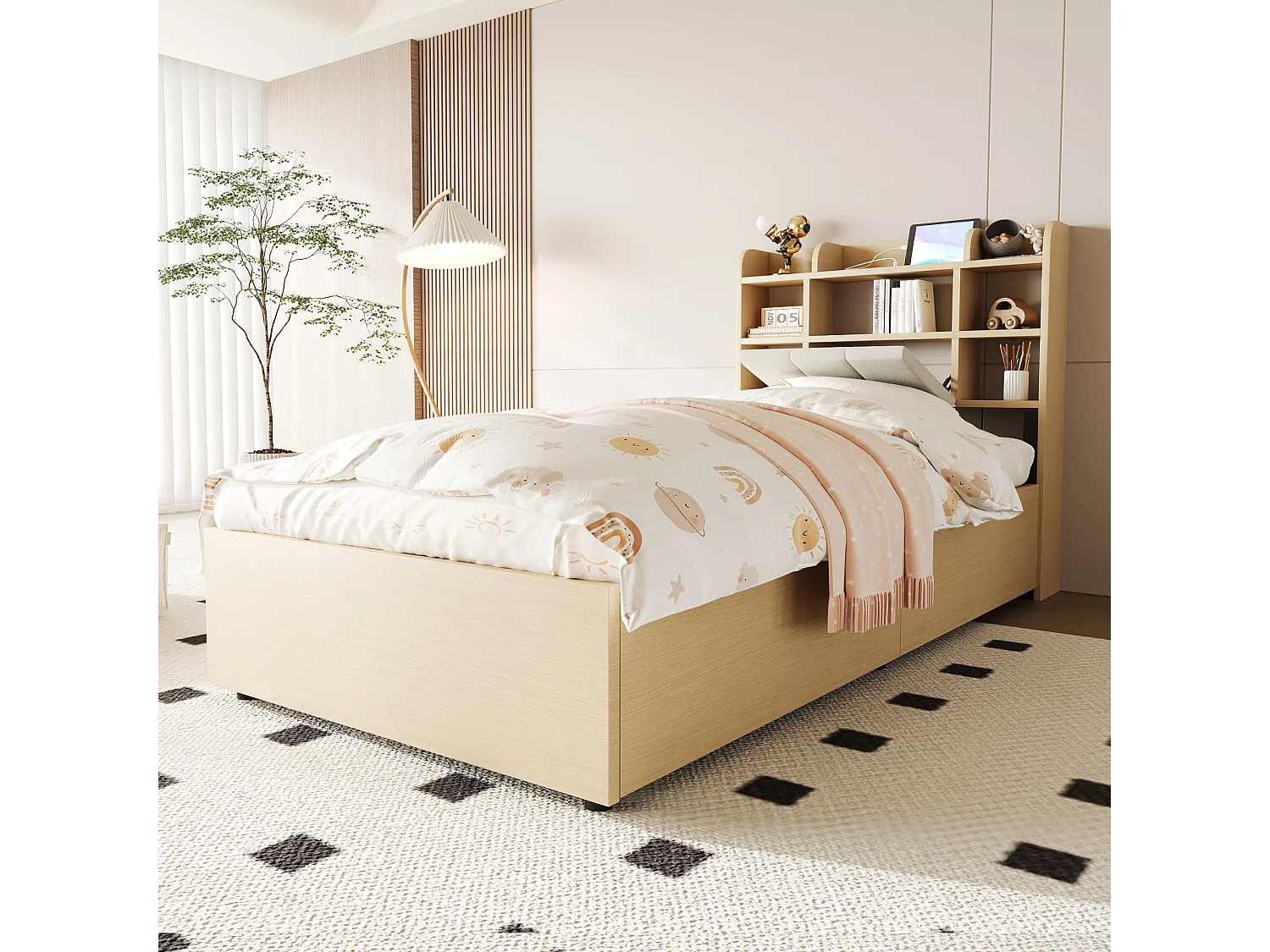 Cama con almacenamiento 90 x 200 cm, cabecero con espacio de almacenamiento y puerto USB, madera natural - sin colchón