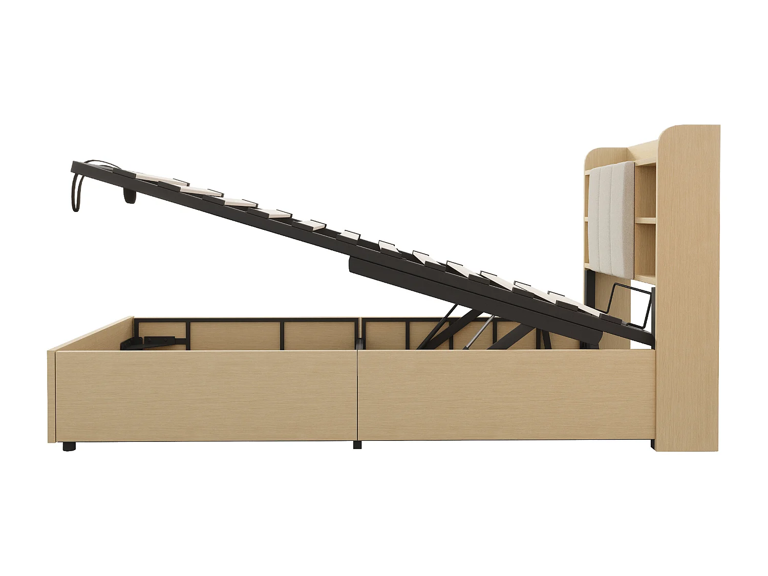 Cama con almacenamiento 90 x 200 cm, cabecero con espacio de almacenamiento y puerto USB, madera natural - sin colchón