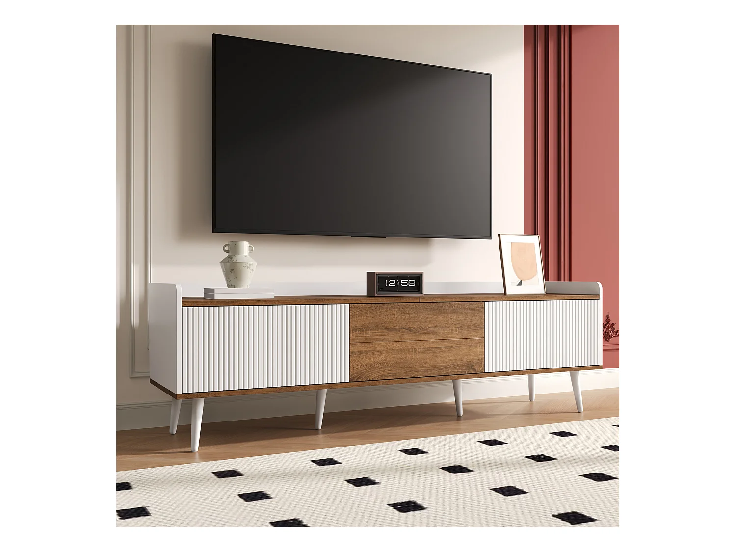 Meuble TV 160 cm avec 3 portes, finition blanc et bois naturel - pour salons et bureaux