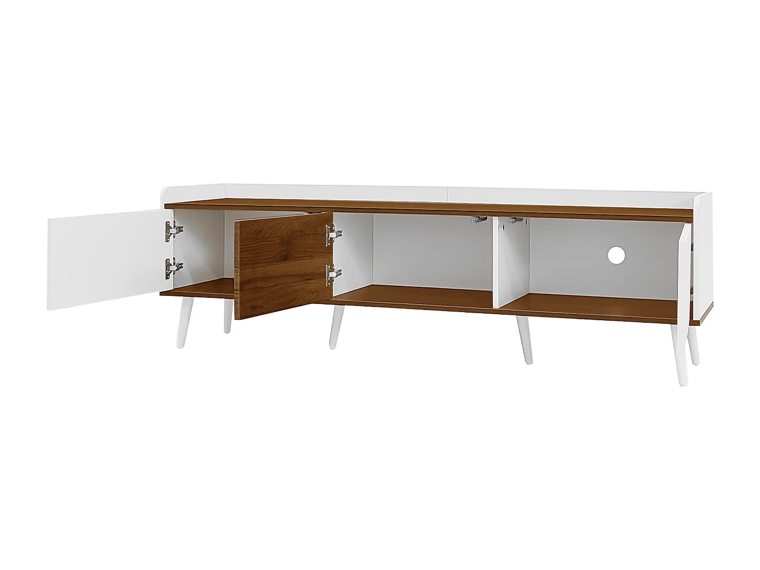 Meuble TV 160 cm avec 3 portes, finition blanc et bois naturel - pour salons et bureaux