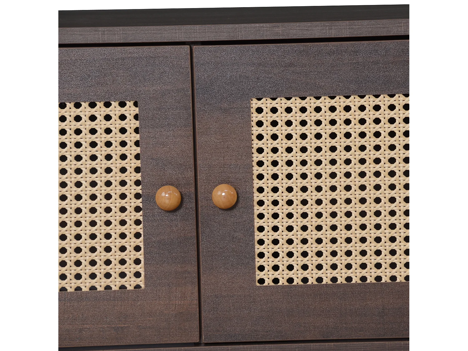 Meuble TV 200 cm avec 2 portes en rotin et 2 tiroirs, marron - pour salon et chambre